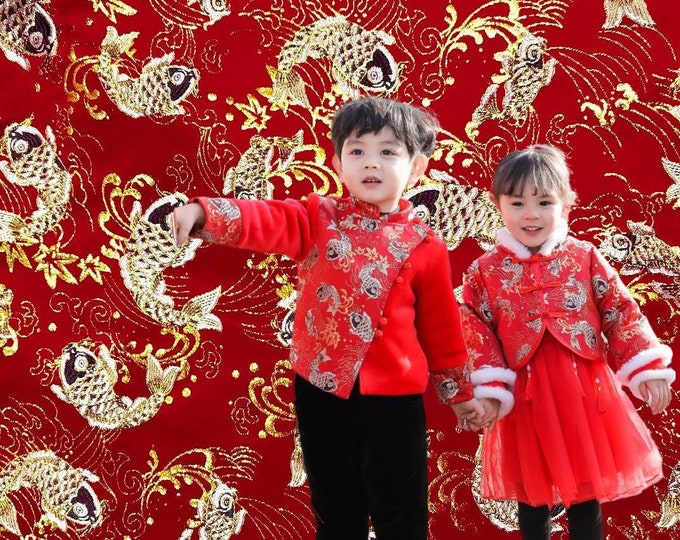 57"Wide Chinese Silk Brocade Fabric jacquard fabric for children's New Year's clothing, carp pattern,Upholstery, Quilting and Sewing fabric