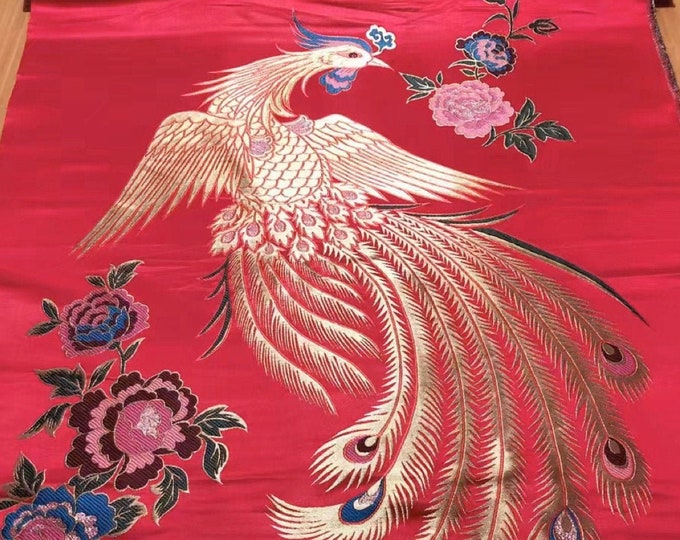29.5"W Red Birds Fabric, Chinese Phoenix Jacquard Satin Fabric, Brocade Fabrics 29.5*47“, Home Decor Fabrics On SALE