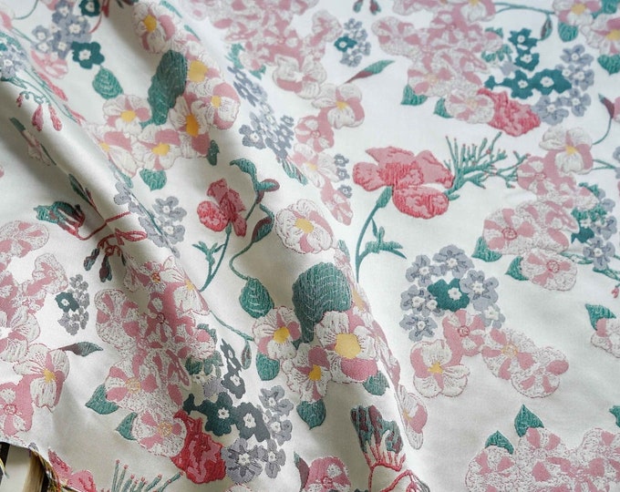 Beige Reversible jacquard woven fabric, Floral flower pattern with embossed effects, Upholstery, Curtain, Sewing DIY fabric, 62"W By 1 yard