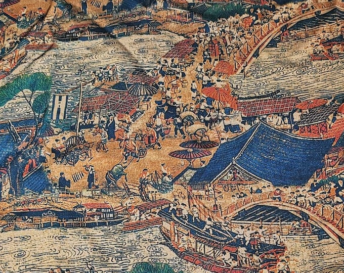 58"W Ancient Chinese Famous paintings silk satin fabric, River on the Qingming Festival pattern, Gambiered Sewing fabric, Qipao Cheongsam