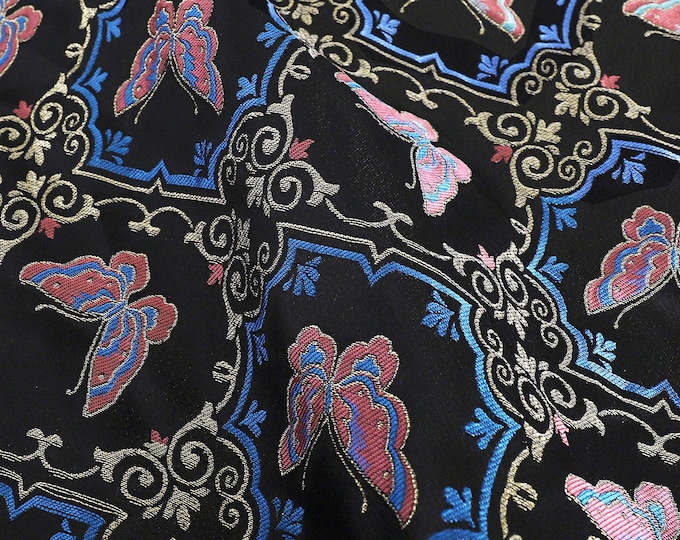 Dunhuang frescoes butterfly pattern, 59"W, Premium Quality natural and pure Linen Fabric, Home Decor, Upholstery, Scarf and Sewing Fabric