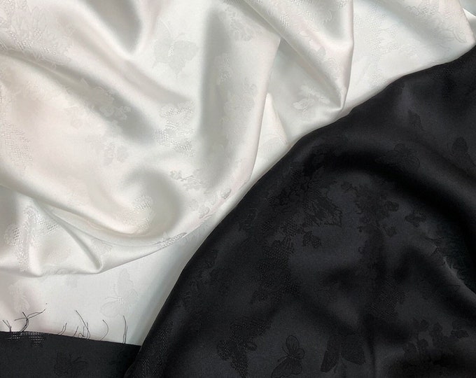Black white butterfly satin jacquard fabric, 59“Wide Dragon Phoenix, Upholstery, Decor, Costume, Handbag, Pajamas, Sewing/Fabric by 1 meter