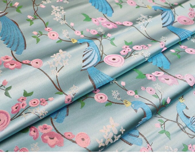 29.5"W Peacock Birds Fabric, Chinese Damask Jacquard Satin Fabric, Brocade Fabrics, Upholstery, Quilting and Sewing fabric, 4 colors to pick