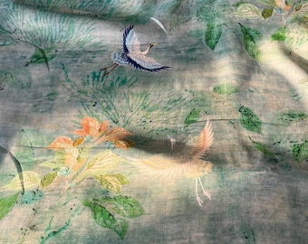100% Ramie Fabric jade green crane, Clothing & Home Textile, 55“W, Upholstery, Costume, Curtain, bag, Sewing, Scarf, Shawl/Fabric by 1 meter