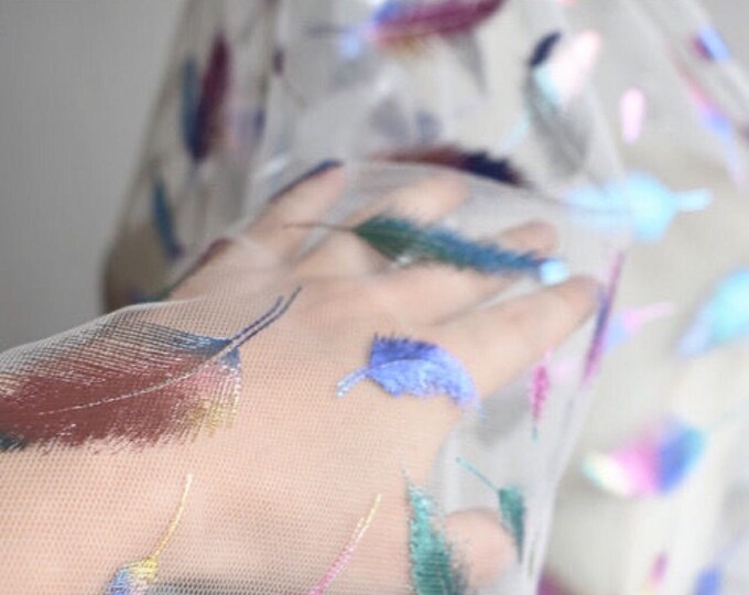 57“W Gradient Color Stamping Feather Mesh Fabric, Wedding Headband, Designer Fabric, High Quality, Prom Dress, Doll Making, Sewing fabric