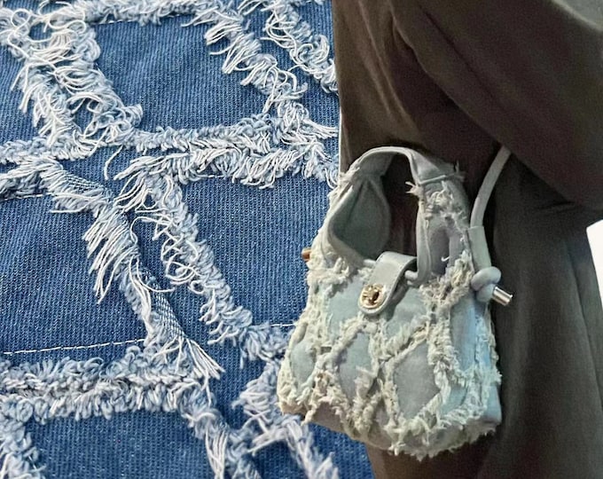 Creative Denim fabric ripped denim fabric 3D raw edge fabric, Blue denim fabric Tassel fabric Tattered denim fabric rough striped denim, 59"