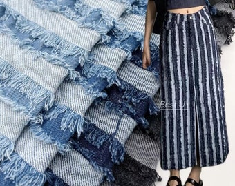 Creative Denim fabric ripped denim fabric 3D raw edge fabric, Blue denim fabric Tassel fabric Tattered denim fabric rough striped denim, 59"