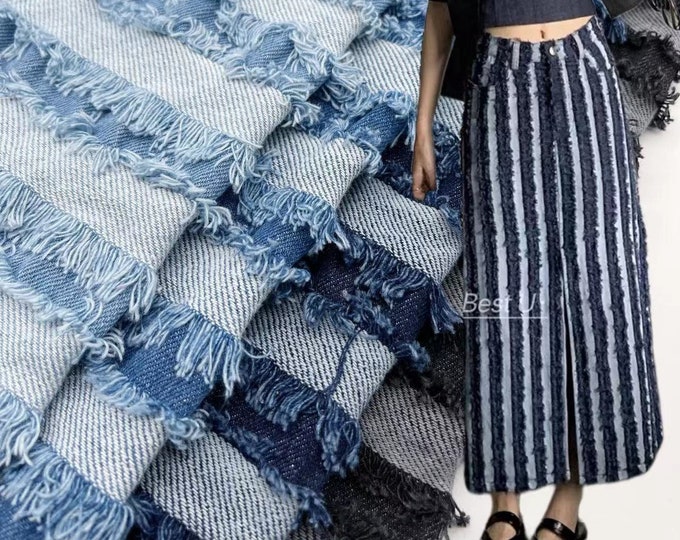 Creative Denim fabric ripped denim fabric 3D raw edge fabric, Blue denim fabric Tassel fabric Tattered denim fabric rough striped denim, 59"