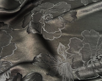 Black color Two Sides Jacquard Satin Damask Fabric, 59“Wide big peony, Upholstery, Decor, Costume, bag, Sewing, quilting/Fabric by the meter