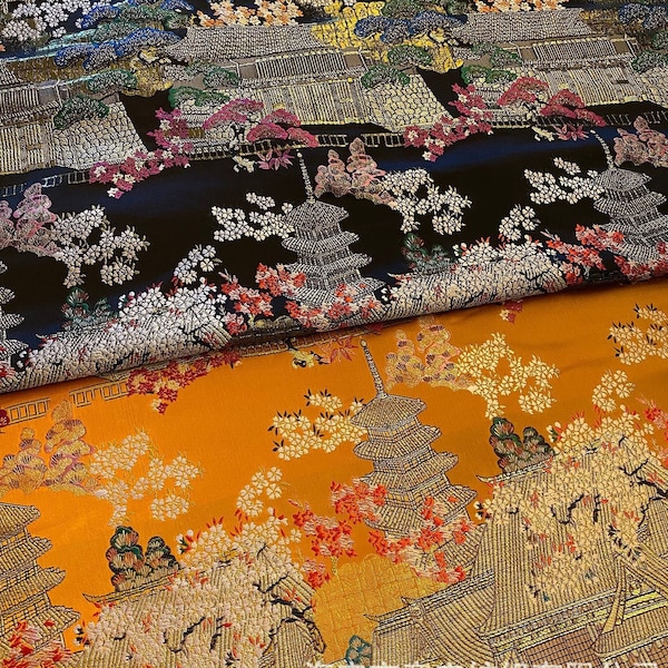 Japanese kinran Ancient Architecture Hundred Flowers Jacquard Brocade Fabric, Floral Curtain/Dress DIY Sewing Fabric, Home Furniture Fabric
