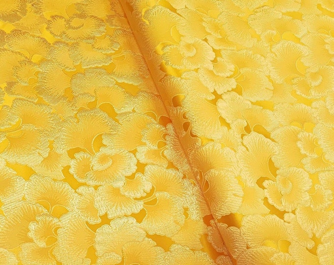 Gold, white, red brocade woven damask fabric, Ginkgo biloba pattern, Upholstery, Quilting and Sewing, DIY, fabric, 45"W By 1 meter