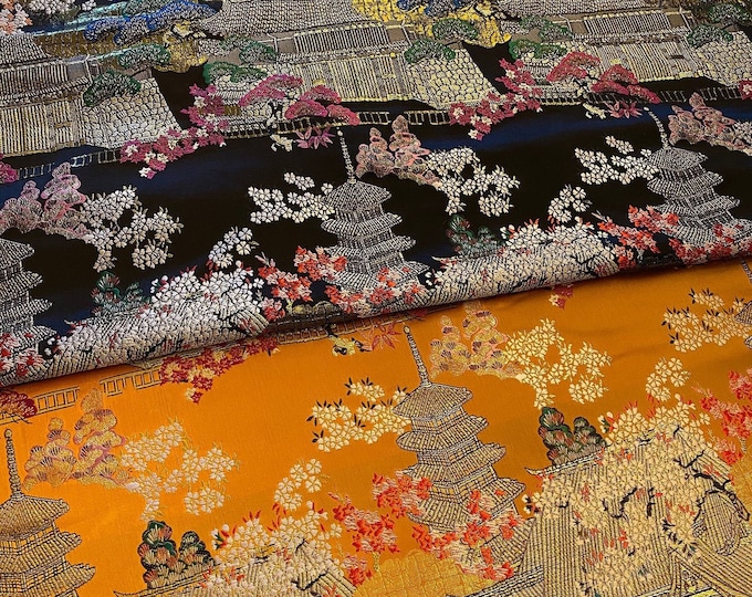 Japanese kinran Ancient Architecture Hundred Flowers Jacquard Brocade Fabric, Floral Curtain/Dress DIY Sewing Fabric, Home Furniture Fabric