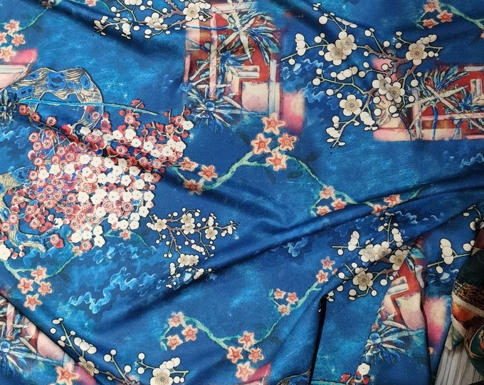 58"W Turquoise silk satin fabric, Digital print, Plum Bossom pattern, Gambiered Sewing fabric, Upholstery, Decor, Costume/Fabric by the yard