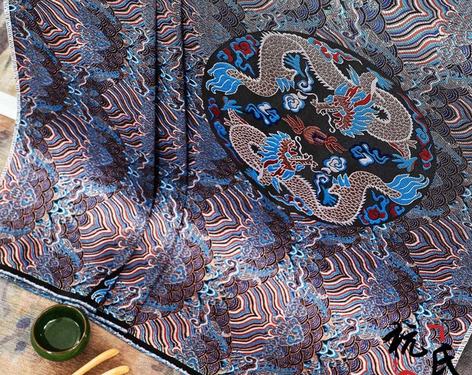 Traditional Sea Ocean waves with Dragon Silk rayon jacquard brocade Fabric, 29.5"/75cm, fabric for dresses, skirts, shirts, Wedding on SALE