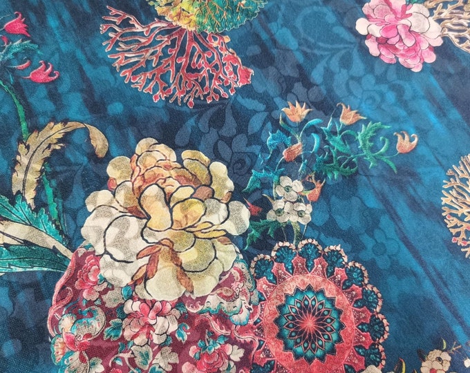 58"W Turquoise silk satin fabric, multi colored aviary floral print, LIGHTWEIGHT Sewing fabric, Upholstery, Decor, Costume/ by the yard