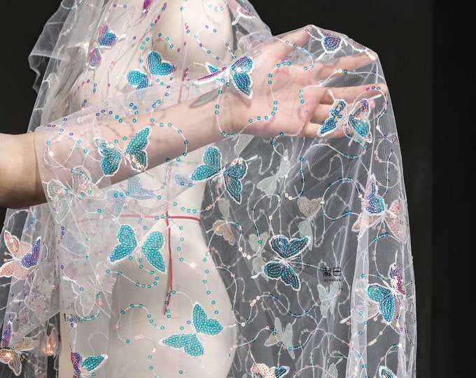 57"W Butterfly Sequin Embroidered Mesh Fabric, see-through Embroidery Soft Creative Fabric, Designer Fabric, Decor, Curtain, Dress, Doll