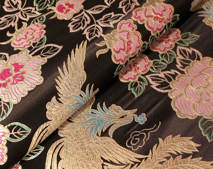 Chinese Dragon & Phoenix Bird Multi Color Brocade Emperor robe, cheongsam, Tibetan robe, spinning Fabric, silk, satin and brocade, 29.5"W