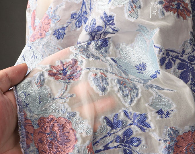 54“W Colorful flower jacquard embroidery fabric, 3D translucent relief, dress, Doll Making, Upholstery, Decor, Costume/Fabric by the meter