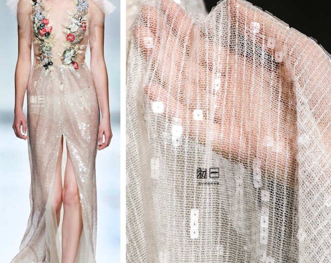 47“W Champagne Square Sequin Embroidered Scale Mesh Fabric, wedding, Designer Fabric, High Quality, Prom Dress, Doll Making, Sewing fabric