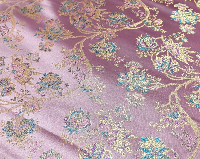 59"W Pink branch flower Silk Brocade, Upholstery, Decor, Costume, Curtain, Handbag, Sewing, Quilting, drapery/Fabric by the meter