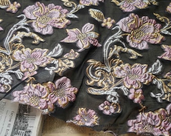 Gold Thread Floral Jacquard Fabric: 3D Oil Painting Texture, 55" Wide