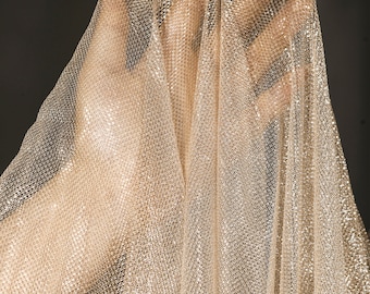 Rose Gold Mesh Fabric, Shiny Wedding Dress Material, 59"W