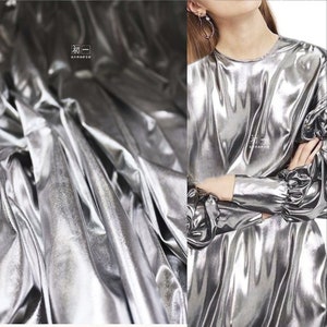 Soft-mirror shiny silver-coated stretch Fabric, PU metallic Background Clothing Fabric, coat, Cosplay, handbag, shoes, costumes, 60&quot;Width