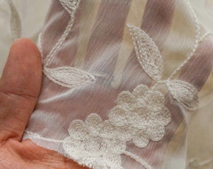 59“W White foliage flowers embroidery Fabric, 3D silk chiffon, curtain, dress, Doll Making, Upholstery, Decor, Costume/Fabric by the meter