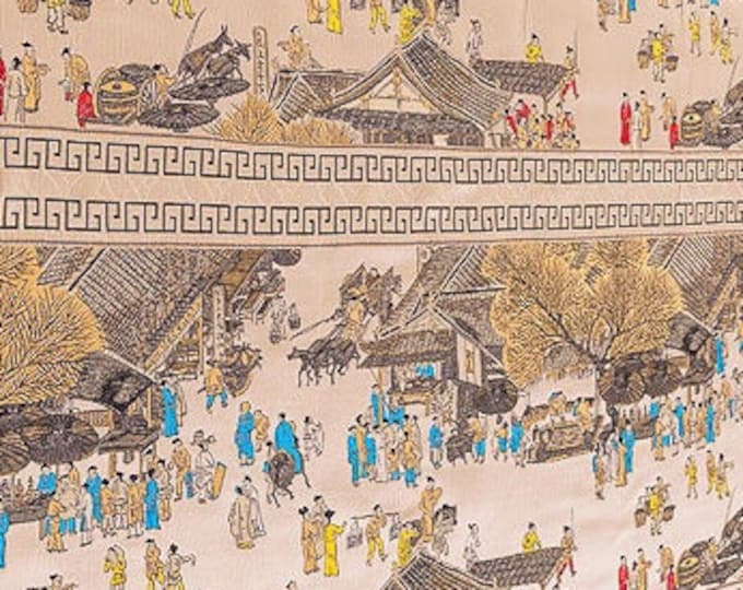 118"W Khaki Ancient Chinese Famous paintings pattern Silk Brocade, River on the Qingming Festival, Upholstery, Decor, Handbag, Sewing/Fabric