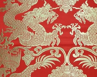 Chinese Double dragon silk brocade fabric, cheongsam, Tibetan robe, Chinese wedding Fabric, 29"W, Upholstery, Decor, Costume/Fabric btm