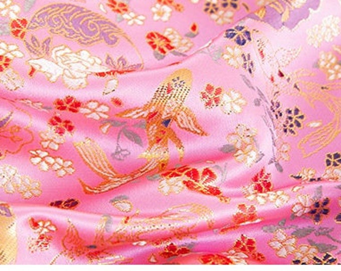 59"W Chinese style koi Silk Brocade Fabric, Decor, Table cloth, bed runner, Cheongsam, Upholstery, Costume, bag, Sewing/Fabric by 1 meter
