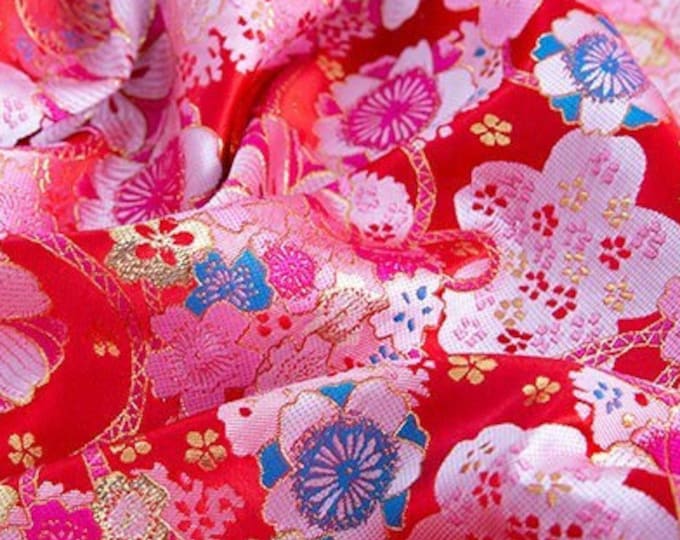 59"W Japanese Sakura Silk Brocade Fabric, Decor, Table cloth, bed runner, Cheongsam, Upholstery, Costume, bag, Sewing, Robe/Fabric by 1 yard
