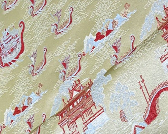 59"W Champagne & pink Fabric, Chinese Dragon Boat Race Silk brocade Fabric, Upholstery, Decor, Costume, Cheongsam/Fabric by the meter, SALE