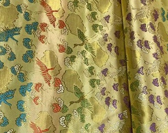 35"W Autumn Green Birds Fabric, crane pattern Jacquard Satin Fabric, Brocade Fabrics By The Meters, Handbag Antique Cheongsam Sewing Fabrics
