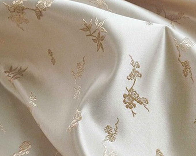 Vintage ivory satin plum blossom woven jacquard, 3D embossed fabric, Upholstery, Decor, Costume, Handbag, Sewing/Fabric by 1 meter, 65"W