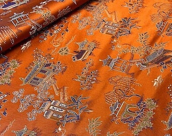 45"W Pure natural silk brocade, Qingming River Scene, Jacquard mulberry silk Damask, Upholstery, Decor, Costume, Mongolian Sewing robe
