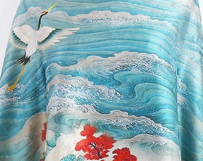 59"W crane silk damask fabric, Digital print, 3 colors, Sewing, Dress, Upholstery, Decor, Costume, Curtain, bag, Sewing, night gown/Fabric
