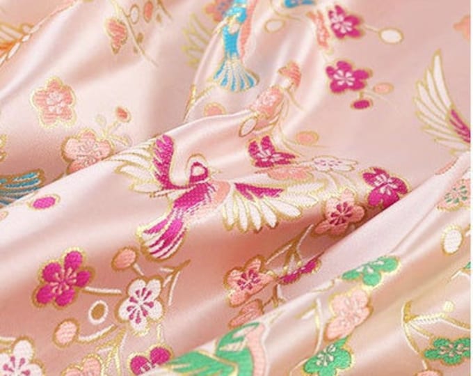57"W bird pattern Silk Brocade Fabric, Decor, Table cloth, bed runner, Cheongsam, Upholstery, Costume, bag, Sewing, Robe/Fabric by 1 yard