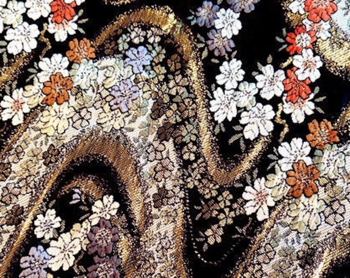 Nishijin Japanese Fabric, Modern Japanese Floral Jacquard silk brocade by meter, 29.5” Width, Black and Gold On SALE