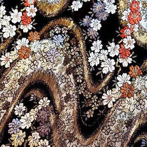 Nishijin Japanese Fabric, Modern Japanese Floral Jacquard silk brocade by meter, 29.5” Width, Black and Gold On SALE