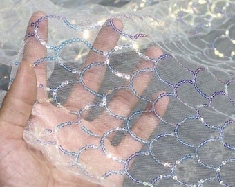 50"W Mermaid fish scales Fabric, see-through Embroidery sequin fabric Creative Fabric, Designer Fabric, Decor, wedding, Dress, Doll