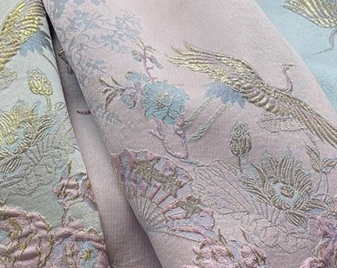 Vintage crane lotus woven jacquard, 3D Gold shimmering embossed fabric, Upholstery, Decor, Costume, Handbag, Sewing/Fabric by 1 meter, 55"W