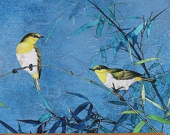 Bird & Tree Print Tea Silk Satin Fabric - 59"W Sewing Material