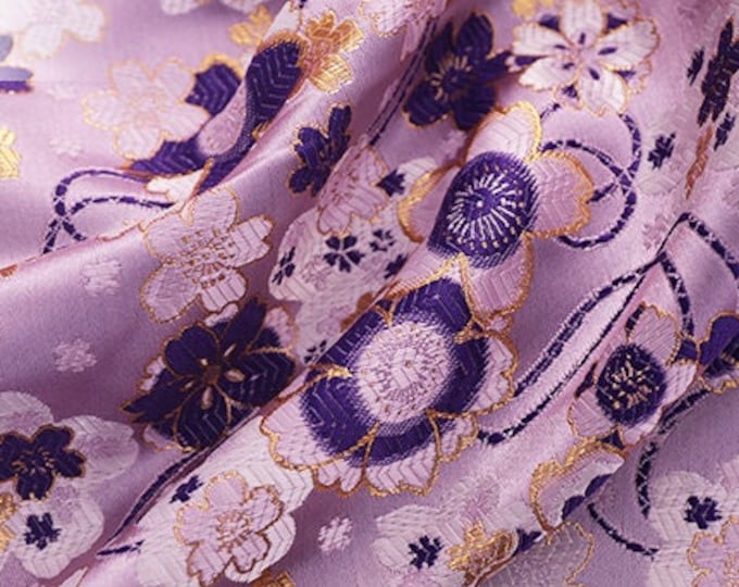 29.5” Width Japanese Fabric, Japanese Sakura Jacquard silk brocade by meter, Red and Purple On SALE