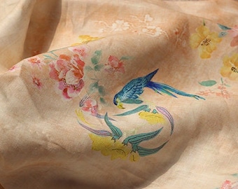 Floral Bird Print Ramie Fabric: Soft Breathable Textile, 55" Wide