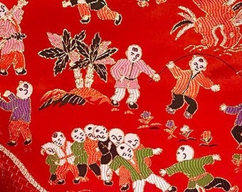 Red & Gold Chinese Brocade Fabric: Ancient Paintings Pattern, 59" Wide