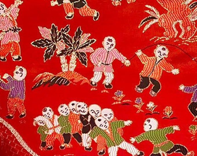 59"W Red and Gold Ancient Chinese Famous paintings pattern Silk Brocade, Upholstery, Decor, Costume, Curtain, bag, Sewing/Fabric by 1 meter