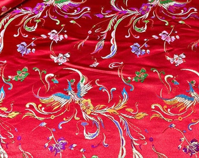 59"W Birds Fabric, A hundred birds are paying homage to a phoenix pattern Jacquard Satin Fabric, Upholstery, Quilting and Sewing fabric