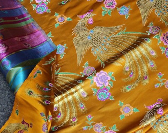 Chinese Emperor Queen and King Wedding Cheongsam Fabric, Embroidery Gold, Red Phoenix pattern, Silk brocade, 57"W, Sewing, Home Decor/fabric