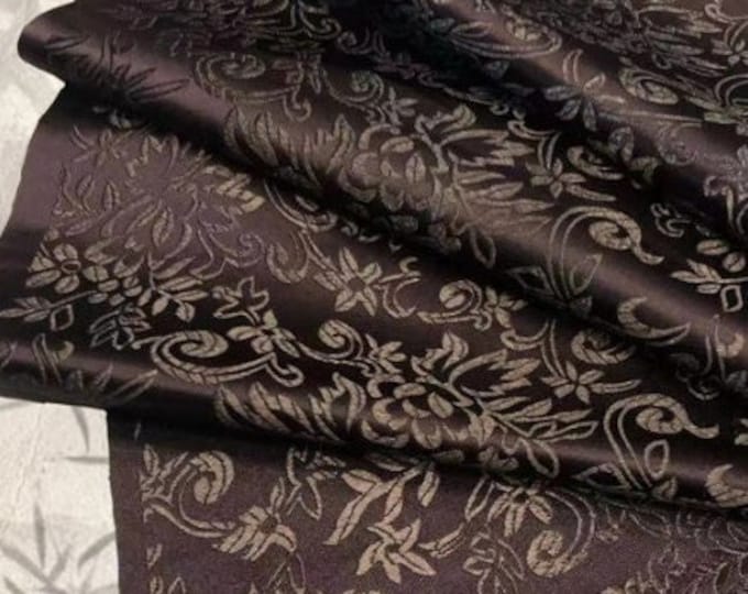 Water plants flowers silk brocade, 29.5"W dark pattern Silk Fabric, Upholstery, Decor, Costume, Curtain, Handbag, Sewing/Fabric by the meter